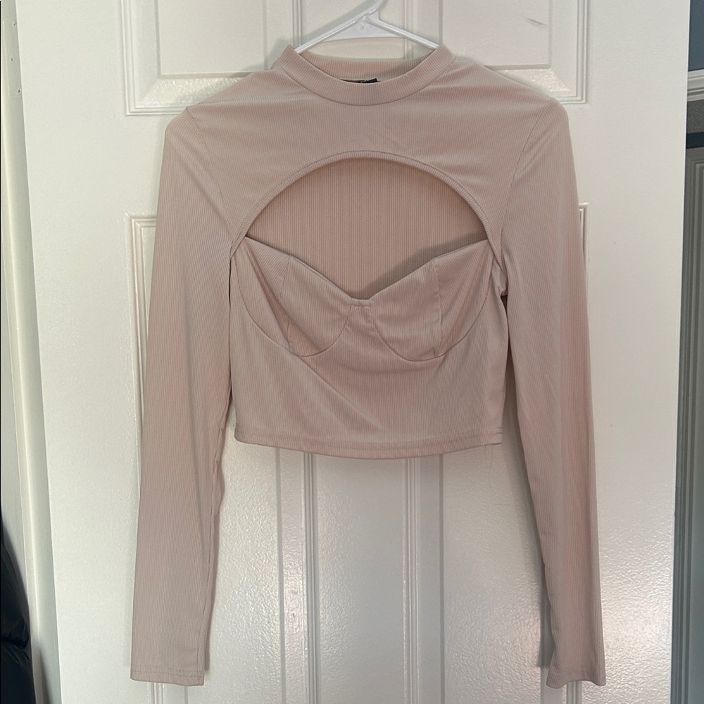 SHEIN Cream Cutout Long Sleeve Crop Top